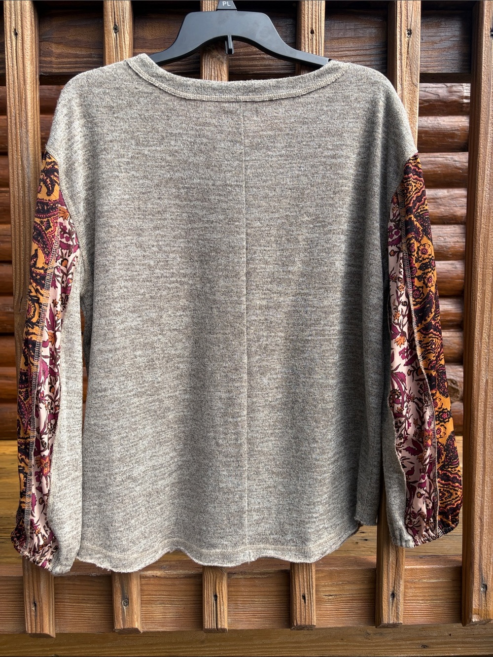 Ladies Soft taupe Pullover with Paisley Print Sleeves - Women Tops - Picture 2 of 2